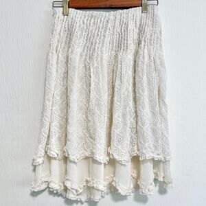 Free People Tiered Eyelet Skirt L Cream Sheer Boho Cottage Romantic Layerable